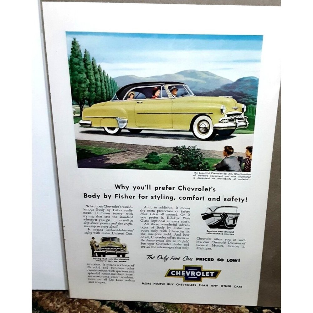 1952 Chevy Bel Air Classic Print Ad vintage 60s Body By Fisher Chevrolet